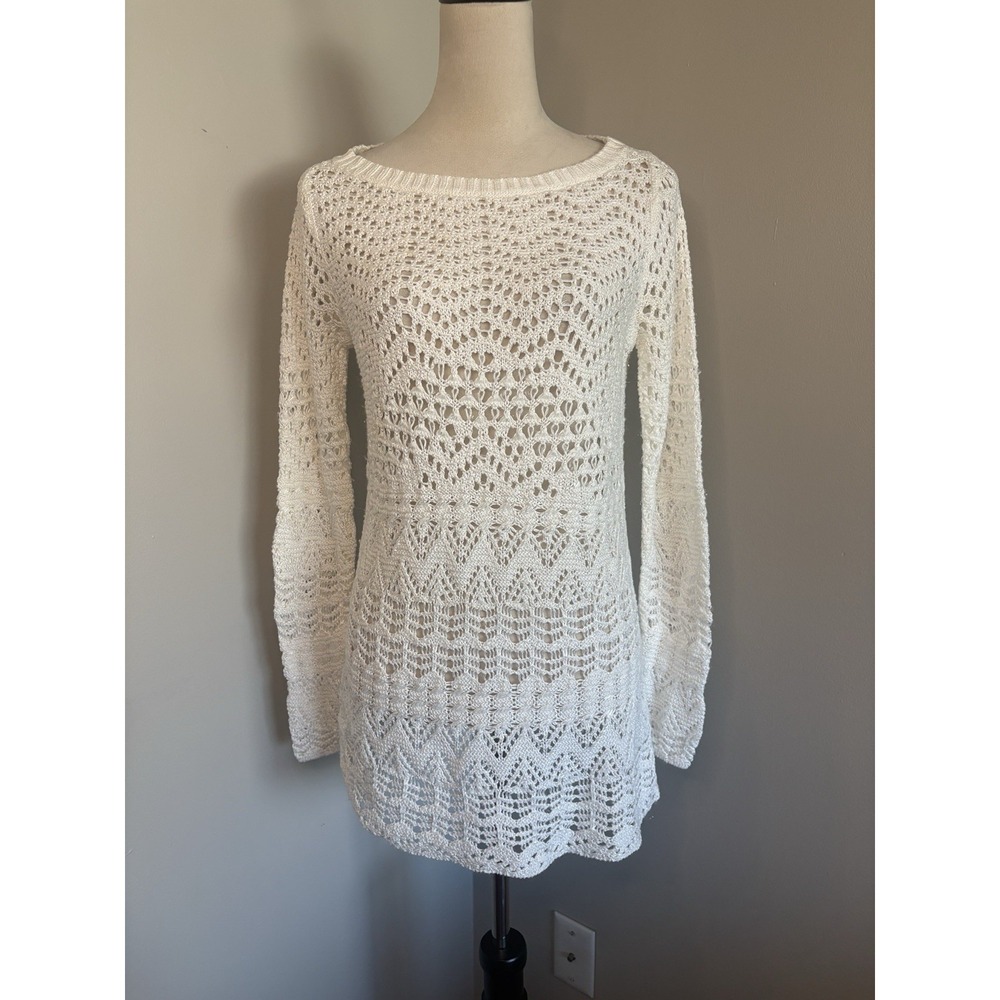 VTG Cache White Open Knit Crochet Sweater Tunic Y2K Pointelle Boho Beach Medium
